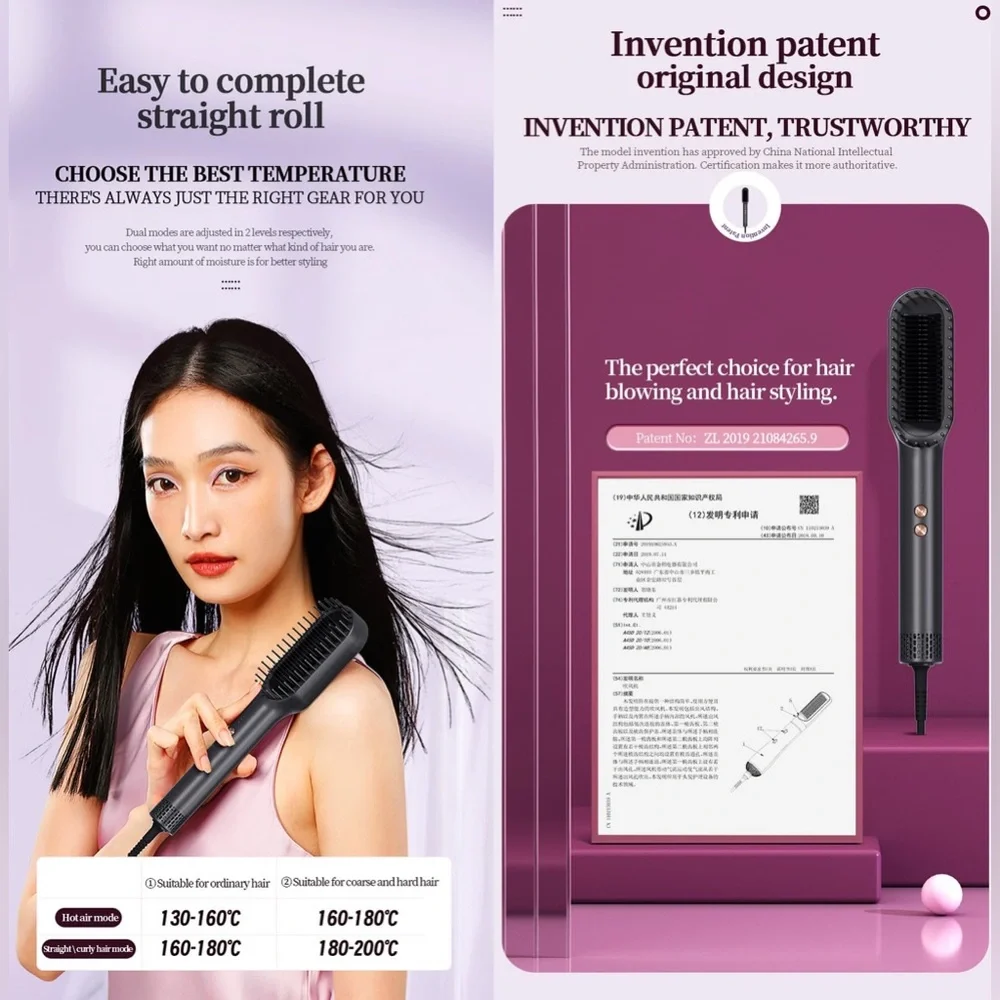 Hair Straightener Brush - Ring Hair Straightener Comb & Hair Dryer 2 in 1